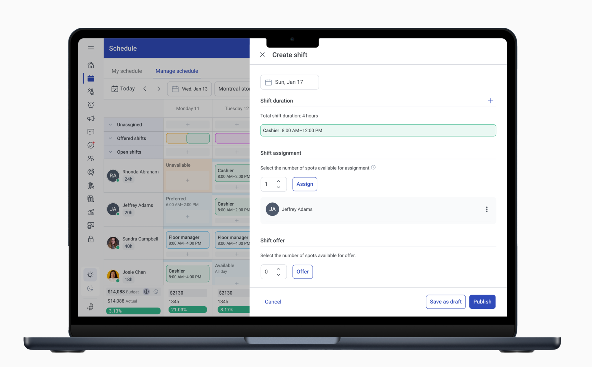 Creating a shift on the new manage schedule screens