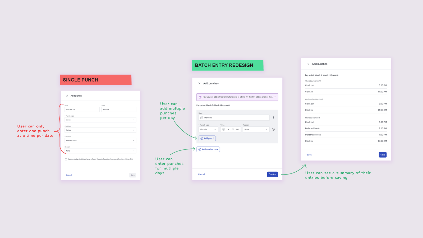 A screenshot of adding a single timecard entry vs adding timecard entries in batches