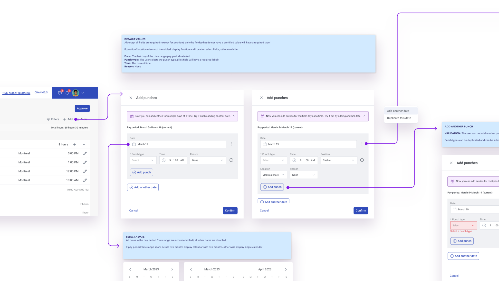 A screenshot of multiple timecard entry user flow in Figma