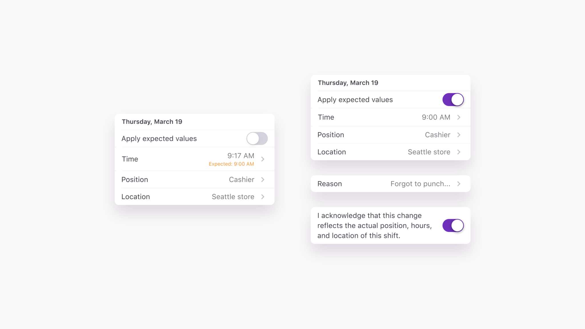 Components of Employee timecard edit screen on mobile device