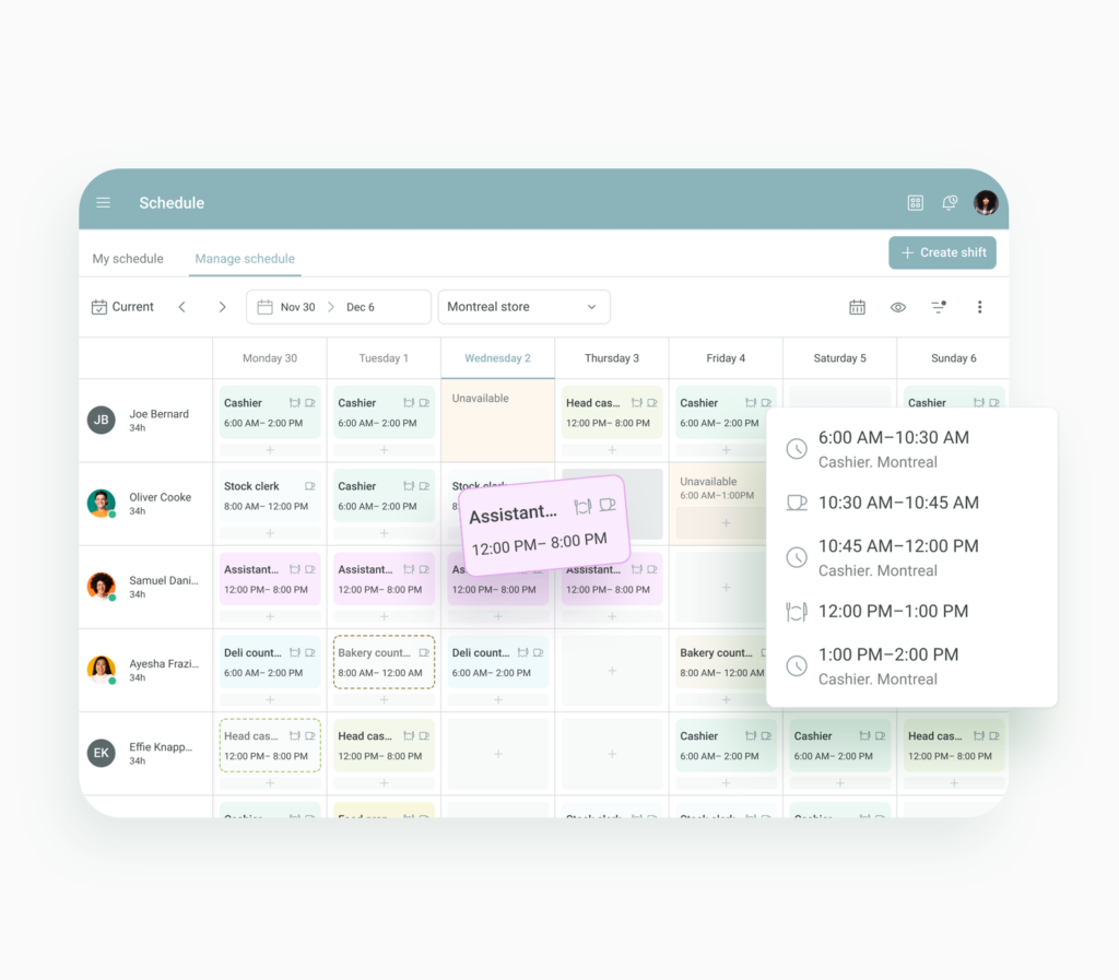 Manage schedule screen on web
