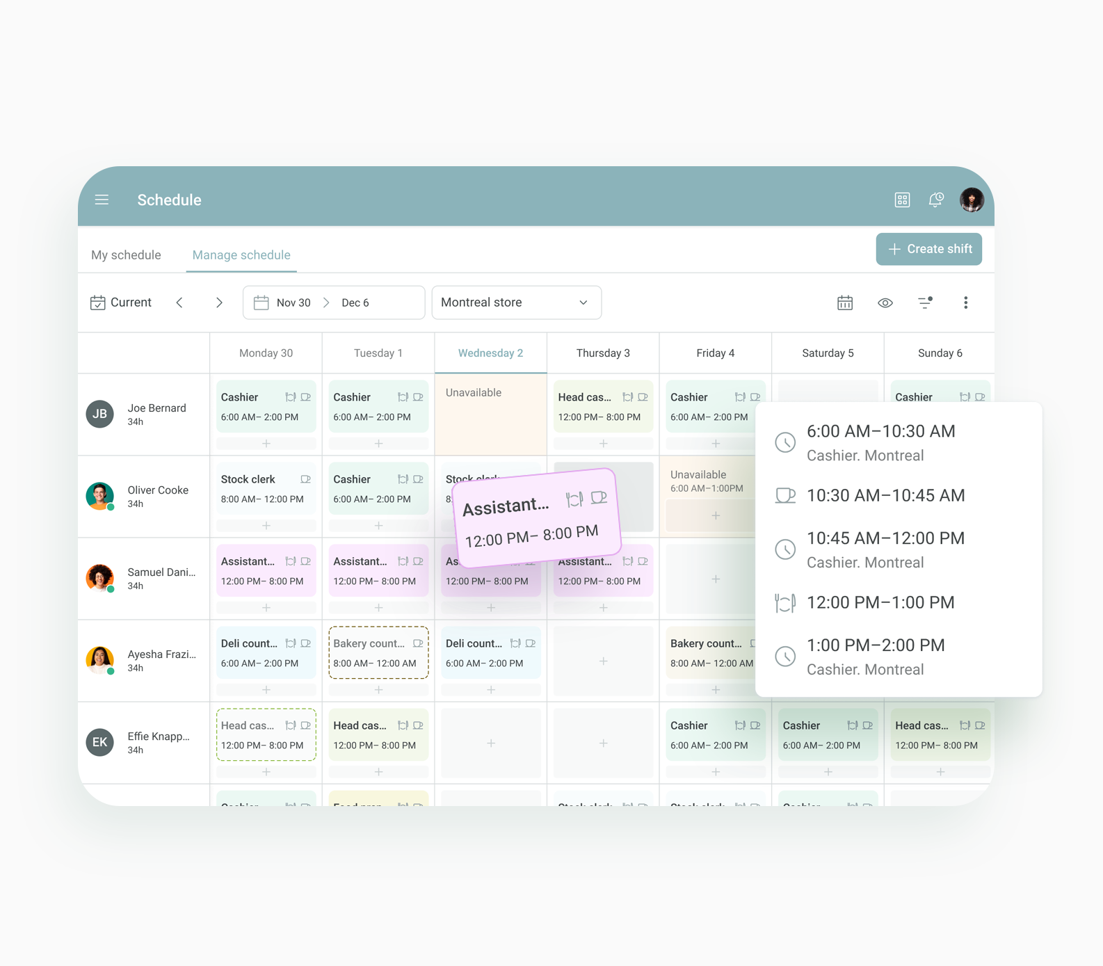 Manage schedule screen on web